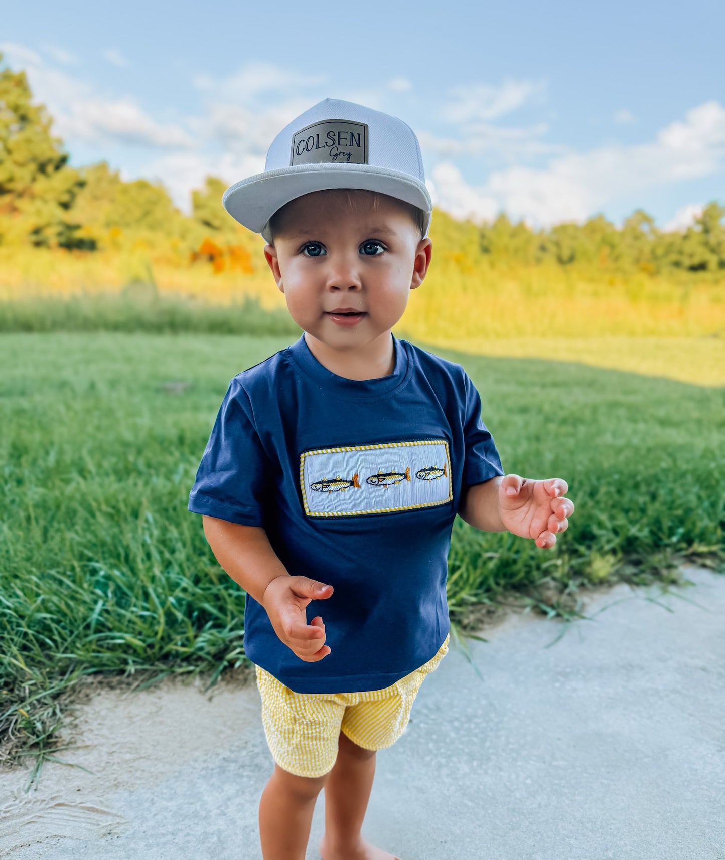 Navy/Yellow Fish Smocked SET
