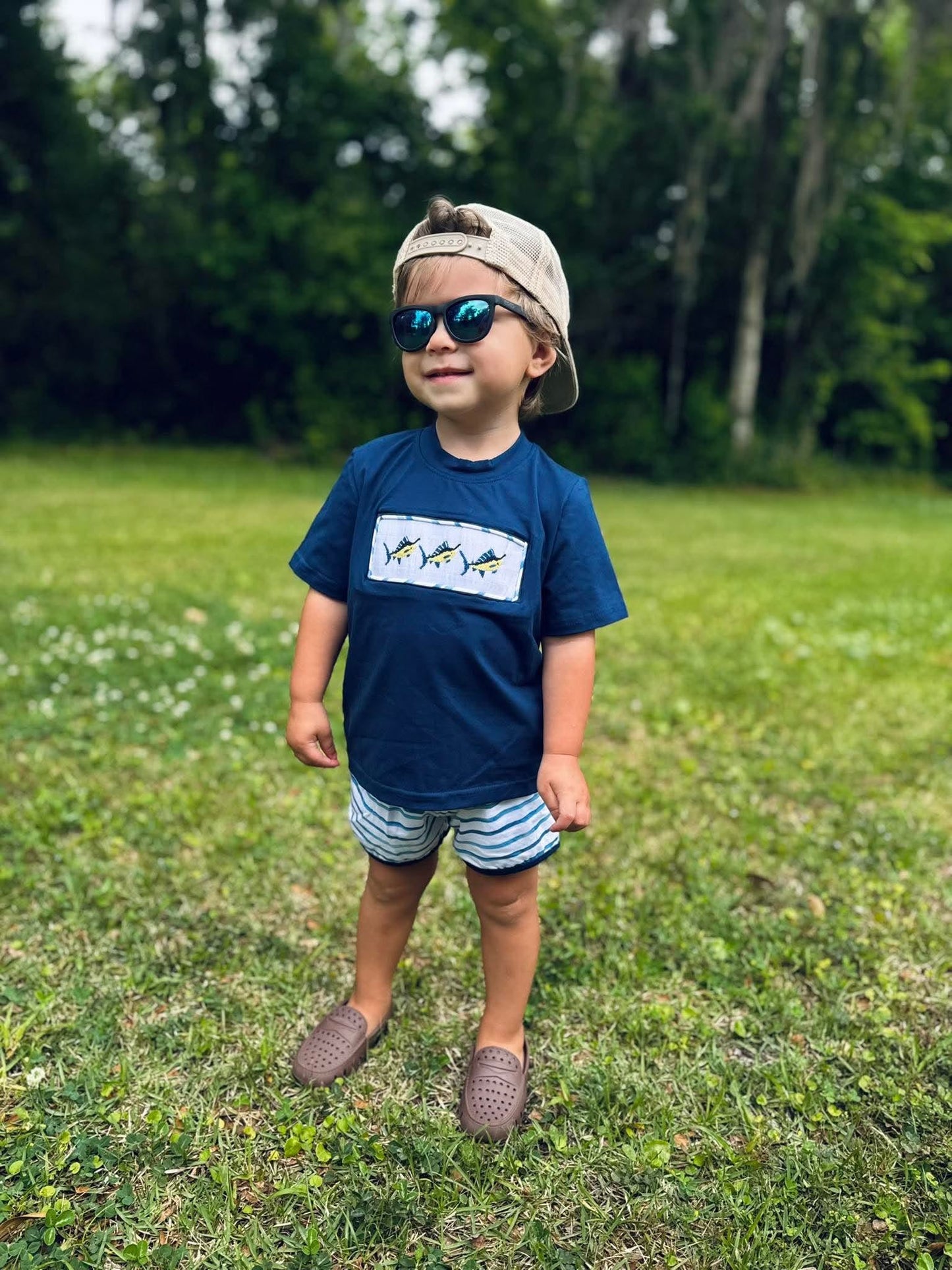 Navy Smocked Marlin Fish SET
